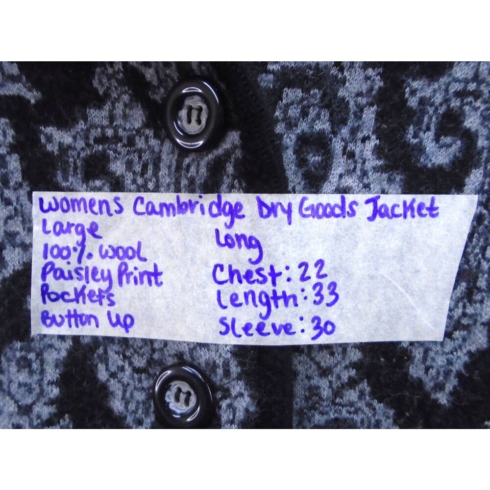 Cambridge Dry Goods Womens Size L Sweater Coat 100% Wool Black Gray Paisley - Picture 4 of 11